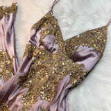V-neck Sheath Long Prom DResses Satin Sequins Gray Purple Formal Dresses HZ1024