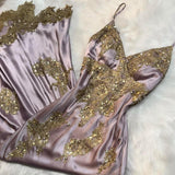 V-neck Sheath Long Prom DResses Satin Sequins Gray Purple Formal Dresses HZ1024