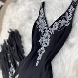 V-neck Sheath Long Prom Dresses Chiffon Sequin Black Formal Dresses Sleeveless Evening Gowns HZ1024