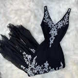 V-neck Sheath Long Prom Dresses Chiffon Sequin Black Formal Dresses Sleeveless Evening Gowns HZ1024