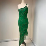 One Shoulder Sheath Formal Dresses Chiffon Beaded Green Prom Dresses Elegant Evening Gowns HZ1024
