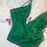 One Shoulder Sheath Formal Dresses Chiffon Beaded Green Prom Dresses Elegant Evening Gowns HZ1024