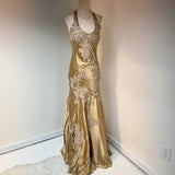 Halter Gold Formal Dresses Satin Applique Prom Dresses Elegant Sheath Evening Gowns HZ1024