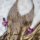 Halter Gold Formal Dresses Satin Applique Prom Dresses Elegant Sheath Evening Gowns HZ1024