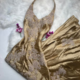 Halter Gold Formal Dresses Satin Applique Prom Dresses Elegant Sheath Evening Gowns HZ1024