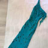 One Shoulder Turquoise Long Formal Dresses Chiffon Beaded Prom Dresses Elegant Sheath Evening Gowns HZ1024