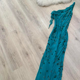 One Shoulder Turquoise Long Formal Dresses Chiffon Beaded Prom Dresses Elegant Sheath Evening Gowns HZ1024