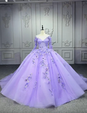 Ball Gown Jewel Tulle Long Prom Dresses Applique Beading Purple Quinceanera Dresses Sweet 16 Dresses HZ1024