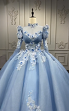 Style Ball Gown Tulle Long Prom Dresses Appliqu¨¦ Beading Light Blue Quinceanera Dresses Sweet 16 Dresses HZ1024