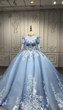 Style Ball Gown Tulle Long Prom Dresses Appliqu¨¦ Beading Light Blue Quinceanera Dresses Sweet 16 Dresses HZ1024