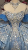 Ball Gown Off-the-Shoulder Tulle Long Prom Dresses Appliqu¨¦ Beading Blue Quinceanera Dresses Sweet 16 Dresses HZ1024