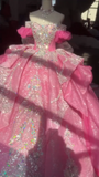 Ball Gown Off-the-Shoulder Tulle Long Prom Dresses Appliqu¨¦ Beading Fuchsia Quinceanera Dresses Sweet 16 Dresses HZ1024