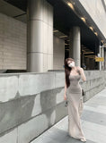 Fit Flying Sleeve Irregular Hem Suspender Mesh Long Dress HZ1024