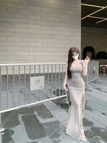 Fit Flying Sleeve Irregular Hem Suspender Mesh Long Dress HZ1024