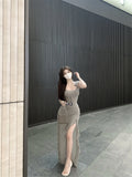 Fit Flying Sleeve Irregular Hem Suspender Mesh Long Dress HZ1024