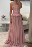 Strapless Sheath Long Prom Dresses Chiffon Pink Guest Dresses Sleeveless Pink Formal Evening Gowns HZ1024