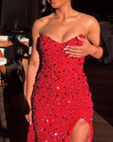 Sweetheart Neck Sheath Long Prom Dresses with Slit Sequin Burgundy Evening Gowns HZ1024