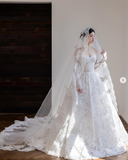 Off-the-shoulder A-Line Wedding Dresses Lace Appliques White Bridal Gowns Long Sleeve Bridal Dresses HZ1024