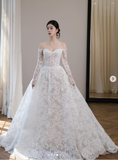 Off-the-shoulder A-Line Wedding Dresses Lace Appliques White Bridal Gowns Long Sleeve Bridal Dresses HZ1024