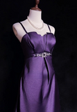 Sheath Dark Purple Formal Dresses Spaghetti Straps Guest Dresses Satin Short Prom Dresses HZ1024