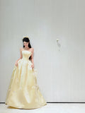 Strapless A-Line Long Prom Dresses Satin Butter Yellow Long Formal Dresses, Cute Birthday Dresses HZ1024
