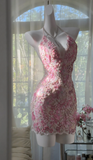 Halter Sheath Short Prom Dresses Embroidered Applique Homecoming Dresses Pink Birthday Dresses HZ1024