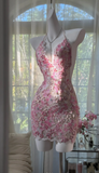 Halter Sheath Short Prom Dresses Embroidered Applique Homecoming Dresses Pink Birthday Dresses HZ1024