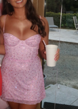 Spaghetti Straps Sheath Short Sheath Prom Dresses Pink Birthday Dresses Tulle Rhinestone Sparkly Homecoming Dresses HZ1024