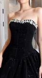 A-Line Short Prom Dresses Strapless Black Birthday Dresses Velvet Sequin Homecoming Dresses HZ1024