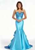 Strapless Mermaid Long Prom Dresses Satin Blue Evening Gowns HZ1024