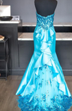 Strapless Mermaid Long Prom Dresses Satin Blue Evening Gowns HZ1024