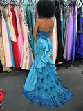 Strapless Mermaid Long Prom Dresses Satin Blue Evening Gowns HZ1024
