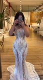 Strapless Mermaid Long Prom Dresses Lace Applique White Evening Gowns HZ1024