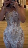 Strapless Mermaid Long Prom Dresses Lace Applique White Evening Gowns HZ1024
