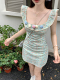 tea break gentle floral small flying sleeve square neck dress HZ1024