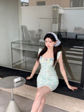 tea break gentle floral small flying sleeve square neck dress HZ1024