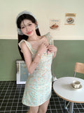 tea break gentle floral small flying sleeve square neck dress HZ1024