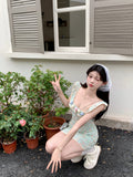 tea break gentle floral small flying sleeve square neck dress HZ1024