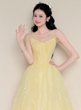 Strapless A-Line Long Prom Dresses Tulle Yellow Sweet 16 Dress HZ1024