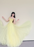 Strapless A-Line Long Prom Dresses Tulle Yellow Sweet 16 Dress HZ1024