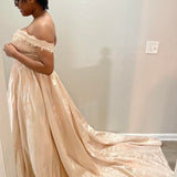 Off-the-shoulder A-Line Long Prom Dresses Satin Applique Champagne Evening Gowns HZ1024