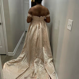 Off-the-shoulder A-Line Long Prom Dresses Satin Applique Champagne Evening Gowns HZ1024