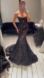 Sweetheart Neck Mermaid Long Prom Dresses Lace Applique Black Evening Gowns HZ1024