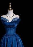 Strapless A-Line Long Prom Dresses Polka Dot Tulle Blue Birthday Dresses HZ1024