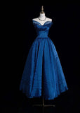 Strapless A-Line Long Prom Dresses Polka Dot Tulle Blue Birthday Dresses HZ1024