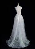 V-neck A-Line Long Prom Dresses Tulle Sequins White Birthday Dresses Sweet 16 Dress HZ1024