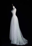V-neck A-Line Long Prom Dresses Tulle Sequins White Birthday Dresses Sweet 16 Dress HZ1024