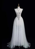 V-neck A-Line Long Prom Dresses Tulle Sequins White Birthday Dresses Sweet 16 Dress HZ1024