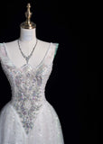 V-neck A-Line Long Prom Dresses Tulle Sequins White Birthday Dresses Sweet 16 Dress HZ1024