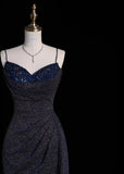 Spaghetti Strap Sheath Long Prom Dresses Glitter Sequin Navy Blue Formal Dresses HZ1024